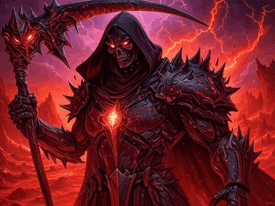 Grim Reaper Holding Scythe And Sword With Red Lightning GIF