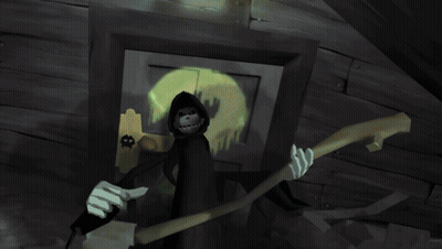 Grim Reaper Holding Scythe In Front Of Building Saying The Reaper GIF