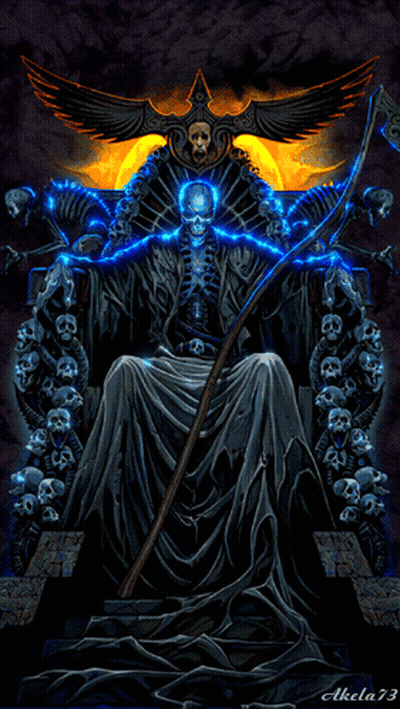 Grim Reaper On Throne With Skulls And Cross GIF