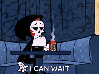 Grim Reaper Sitting At Table With Coffee Saying I Can Wait GIF