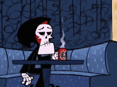 Grim Reaper Smoking Cigarette And Drinking From Can GIF