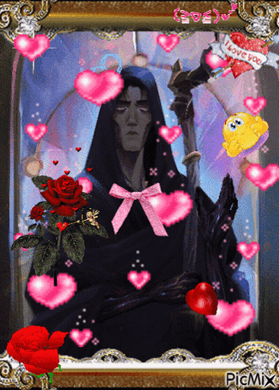 Grim Reaper Surrounded By Hearts And Roses GIF