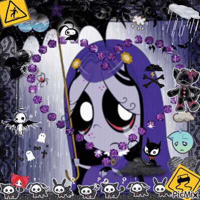 Grim Reaper Surrounded By Purple Flowers And Picmix Sign GIF