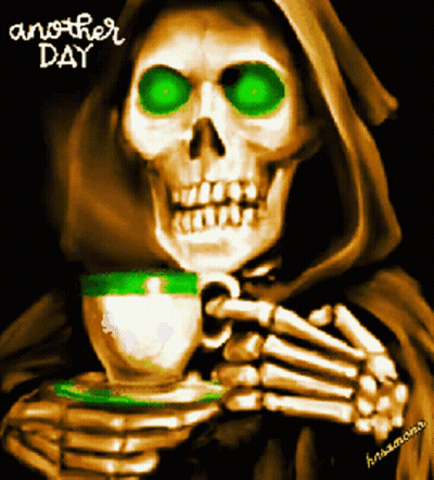 Grim Reaper With Green Eyes Holding A Cup Of Tea GIF