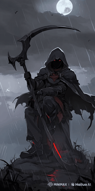 Grim Reaper With Red Eyes Holding Scythe And Sword GIF