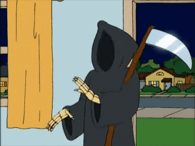 Grim Reaper With Scythe At Window With Curtain GIF