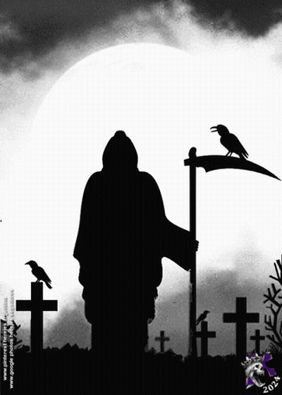 Grim Reaper With Scythe In Cemetery Full Moon GIF