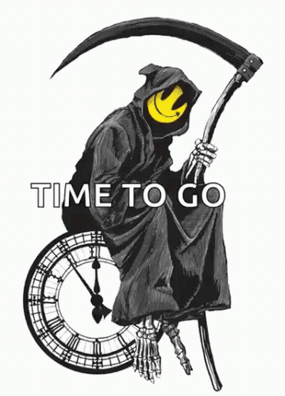 Grim Reaper With Scythe Sitting On Clock Time To Go GIF