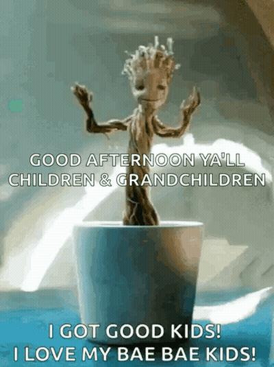 Groot Dancing In Pot Saying Good Afternoon Y'all Children & Grandchildren GIF