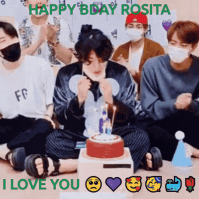Group Around Birthday Cake Saying Happy Bday Rosita I Love You GIF