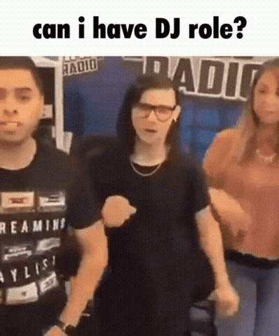 Group Dancing In Front Of Can I Have DJ Role Sign GIF