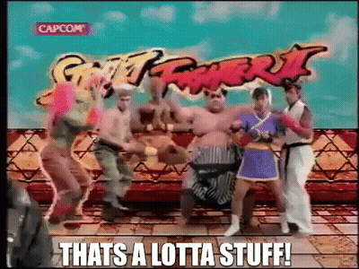 Group Dancing In Front Of Street Fighter II Sign GIF