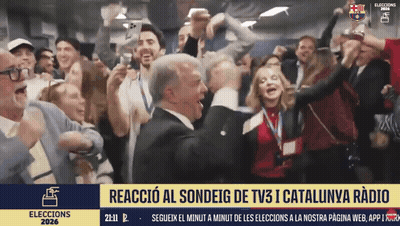 Group Dancing In Front Of Yellow Banner Saying Reaccion Al Sondeg De TV3 I Catalunya Radio GIF