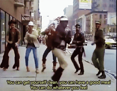 Group Dancing On Sidewalk Saying You Can Get Yourself Clean You Can Have A Good Meal GIF