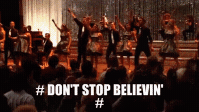 Group Dancing With Don't Stop Believin Text GIF