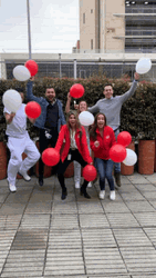 Group Friends Pose Happy Birthday Balloons GIF