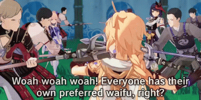 Group Holding Swords Saying Woah Woah Woah Everyone Has Their Own Preferred Waifu GIF