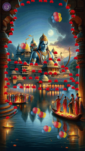 Group In Boat In Front Of Temple With Balloons GIF