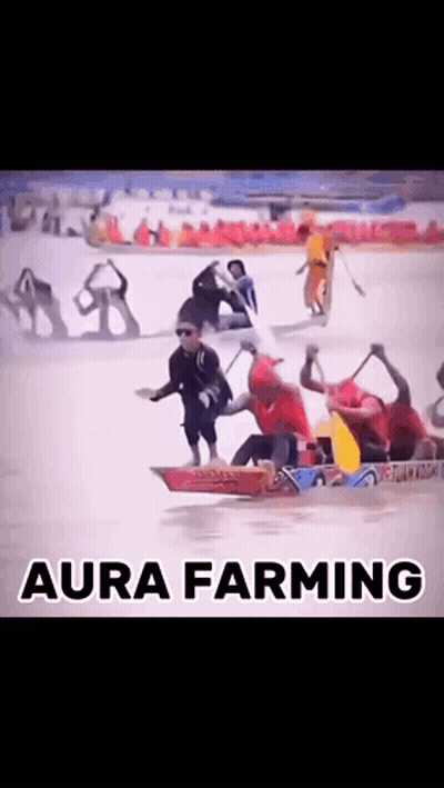 Group In Boat With Aura Farming Text GIF