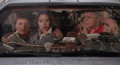 Group In Car Saying Roads Where We're Going We Don't Need Roads GIF