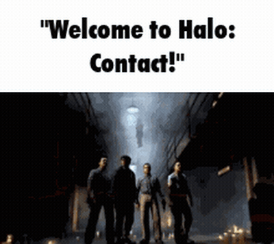 Group In Dark Hallway Saying Welcome To Halo Contact GIF