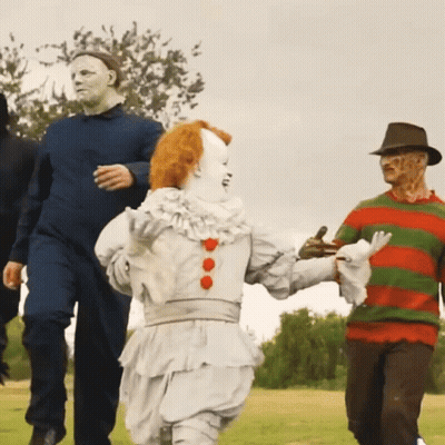 Group In Halloween Costumes Clown And Freddy Krueger GIF