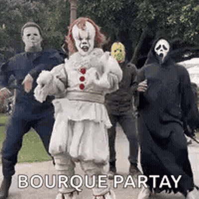 Group In Halloween Costumes Dancing Together GIF