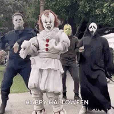 Group In Halloween Costumes Dancing GIF