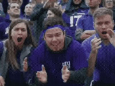 Group In Purple Shirts Sitting In Stadium GIF