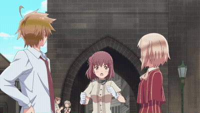 Group Of Anime Characters In Front Of Brick Building GIF