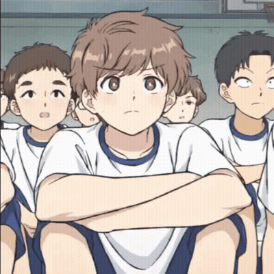 Group Of Boys Sitting With Arms Crossed One Looking Up GIF