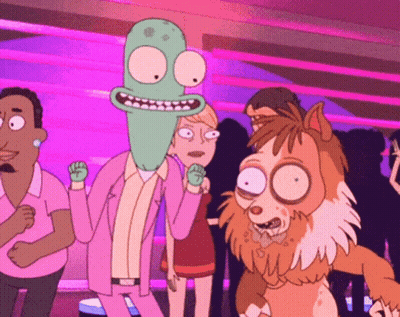 Group Of Cartoon Characters In Purple Room GIF