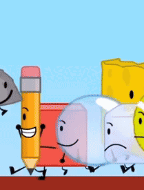 Group Of Cartoon Characters Including Pencil Clock And Marshmallow GIF