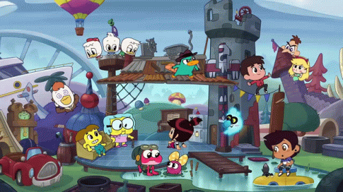 Group Of Cartoon Characters Including Perry The Platypus And Star Trek GIF