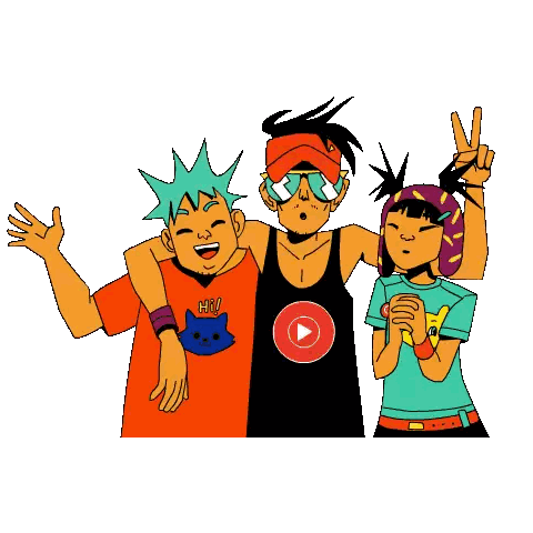 Group Of Cartoon Characters Posing With Cat Shirt Here Sticker