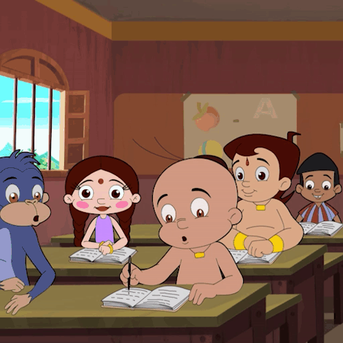 Group Of Cartoon Characters Sitting At Desks In Classroom With Letter A Behind Them GIF