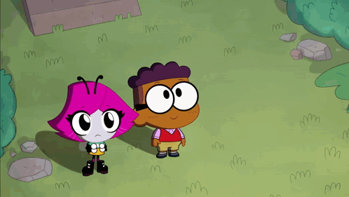 Group Of Cartoon Characters Standing In Field With Letter M On Grass GIF