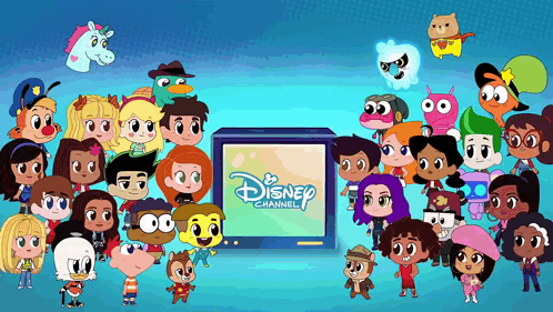 Group Of Cartoon Characters Standing In Front Of Disney Channel TV GIF