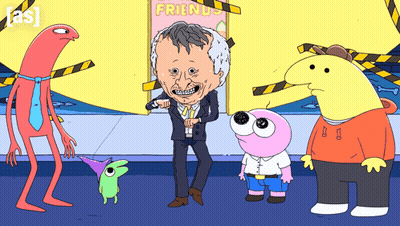 Group Of Cartoon Characters Standing In Front Of Friend Sign GIF