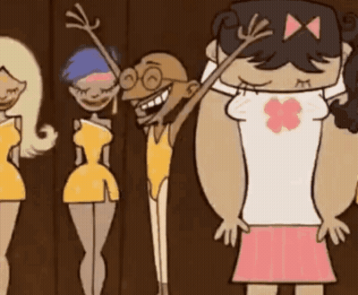Group Of Cartoon Characters Standing In Front Of Wall GIF