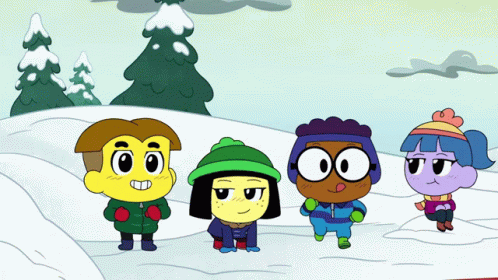 Group Of Cartoon Characters Standing In Snow With Trees GIF