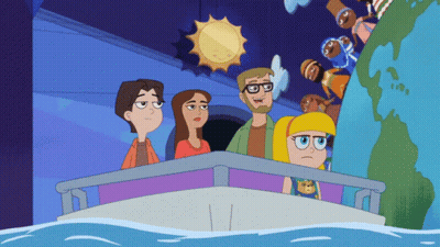Group Of Cartoon Characters Standing On A Boat GIF