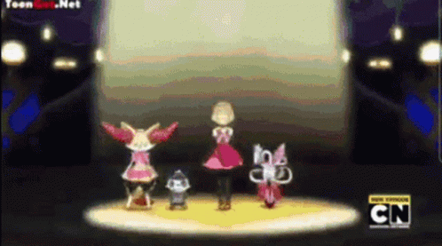Group Of Cartoon Characters Standing On Stage With CN GIF
