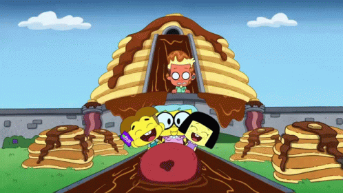 Group Of Characters In Front Of Chocolate Building GIF
