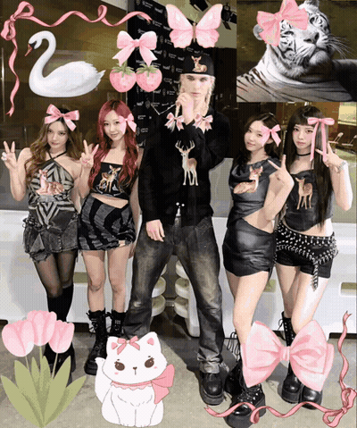 Group Of Girls Posing With Cat And Swan GIF