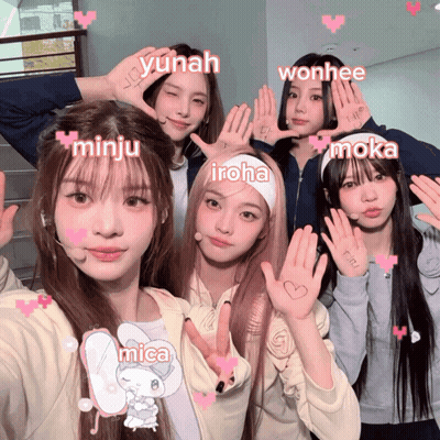 Group Of Girls Posing With Names Minju Wonhee Iroha Moka Mica On Hands GIF