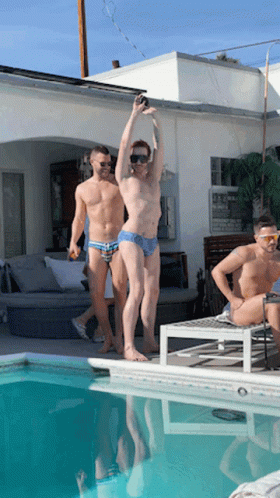 Group Of Men Around Pool One Naked GIF