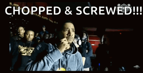 Group Of Men In Dark Room With Chopped & Screwed Written Below GIF