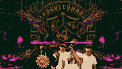 Group Of Men In Front Of Laughterhouse Logo GIF