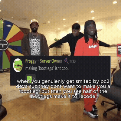 Group Of Men In Front Of Wheel With Froggy Server Owner Making Bootlegs Isnt Cool Sign GIF